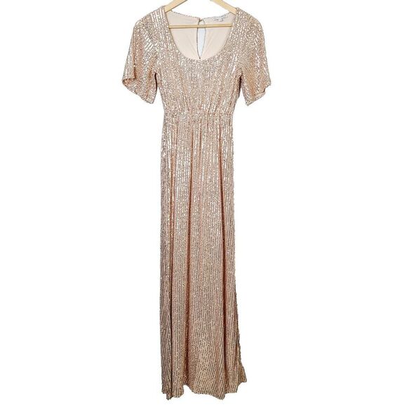 Baltic Born Dress XS‎ Gold Sequin Short Sleeve Elastic Waist Long Maxi Gown - Picture 1 of 10